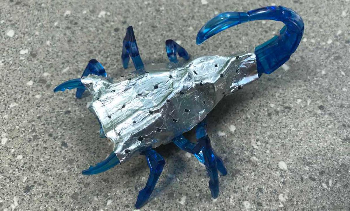 This little scuttling scorpion-bot wears its battery on the outside, in the form of a zinc exoskeleton.