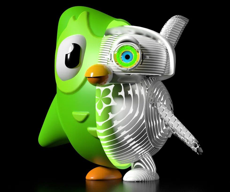 This playful illustration shows Duolingo\u2019s owl mascot, cut away down the midline, showing hidden inside a high-tech skeleton suggestive of some sort of AI robot.