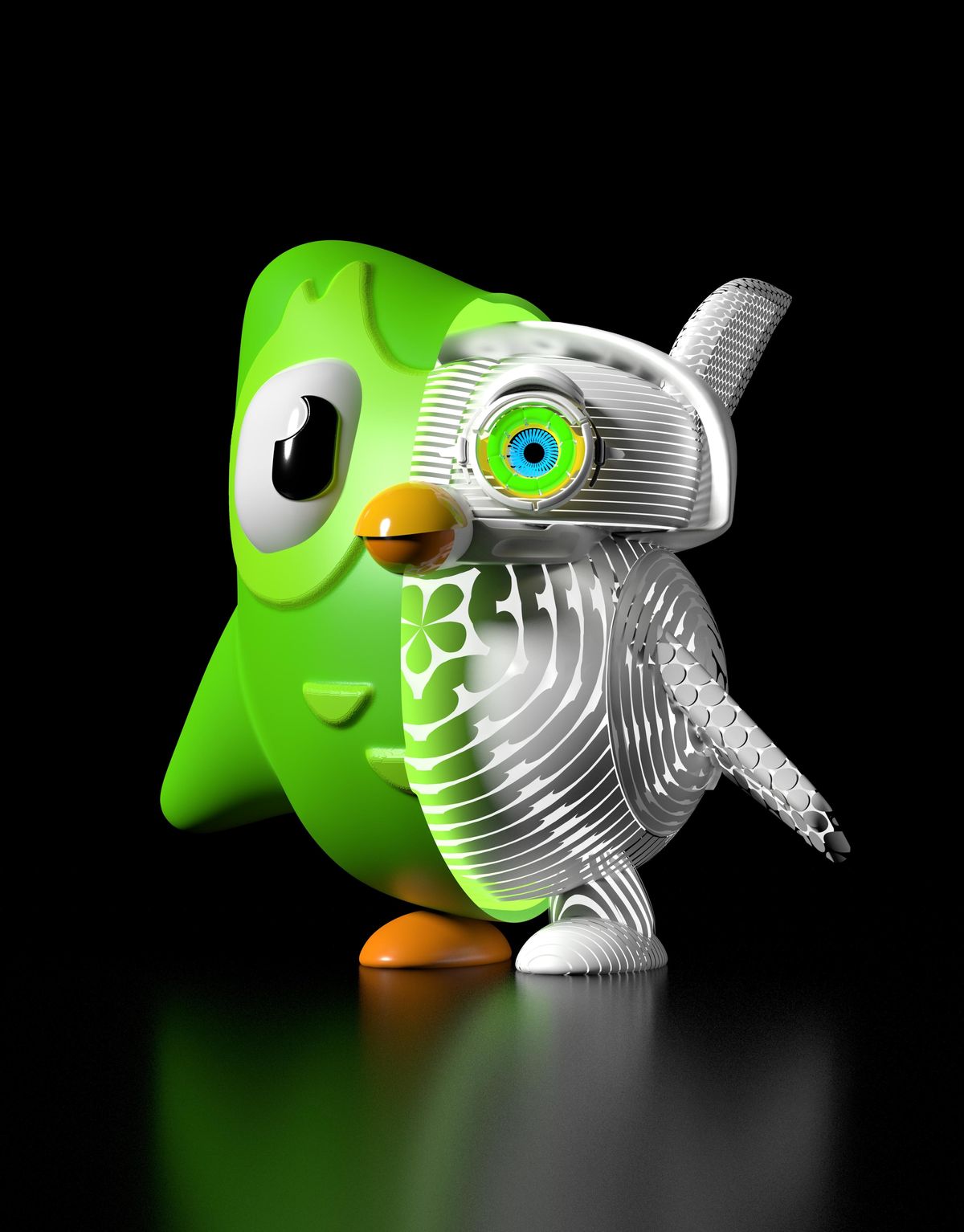 This playful illustration shows Duolingo’s owl mascot, cut away down the midline, showing hidden inside a high-tech skeleton suggestive of some sort of AI robot.
