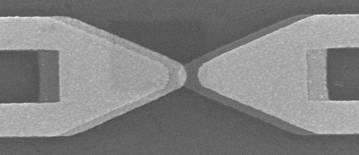 This scanning electron microscope image shows the distinct bow tie shape of an optical rectenna.