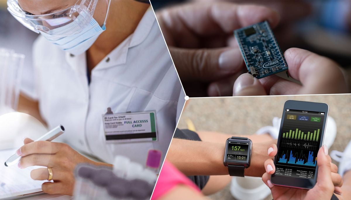 Three adjacent images showing: a woman in a medical facility looking at data, an Infineon circuit board, and a smart watch connected to a smartphone.