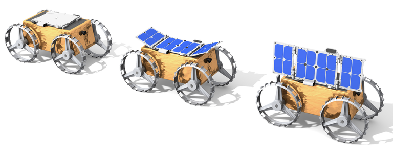 Three images are shown from left to right, the first one a golden cube on four wheels with a white panel mounted flat on the top, the second one showing that panel expanded into a blue, four-segment structure, and the third one showing that structure twisted by 90 degrees to stand upright in the same plane as the cube\u2019s frontmost side. 