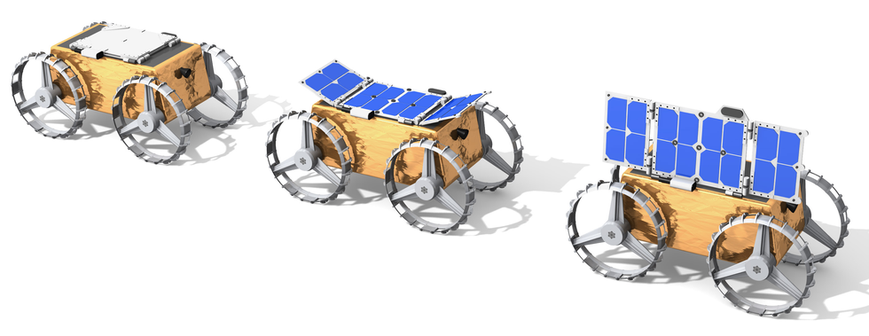 Three images are shown from left to right, the first one a golden cube on four wheels with a white panel mounted flat on the top, the second one showing that panel expanded into a blue, four-segment structure, and the third one showing that structure twisted by 90 degrees to stand upright in the same plane as the cubeu2019s frontmost side. 