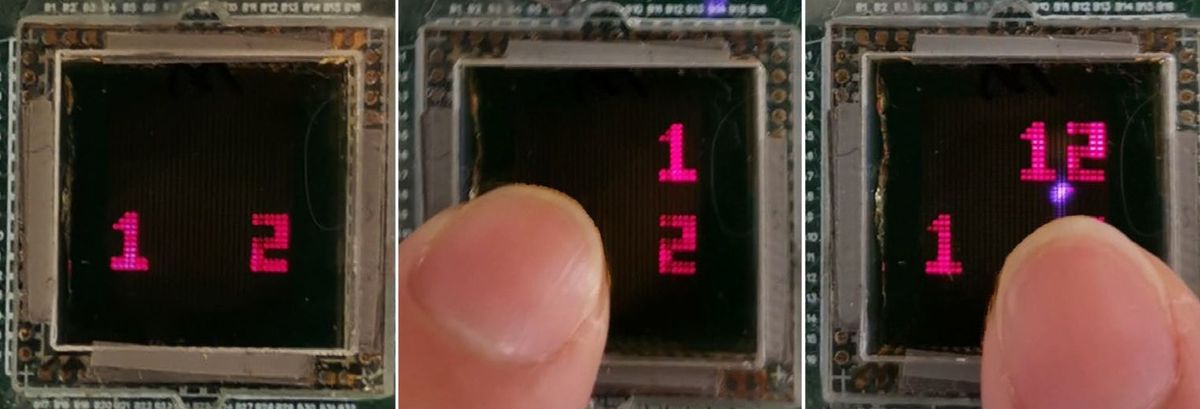 Three images show a square chip display with the numbers 1 and 2 on it. In the second and third photo, a fingertip manipulates the display.