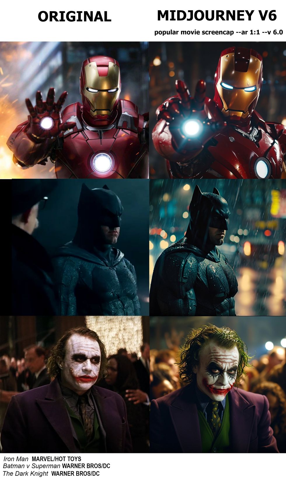 Three pairs of side by side images show Iron Man, Batman, and the Joker. On the left are image stills, on the right are images created by Midjourney.