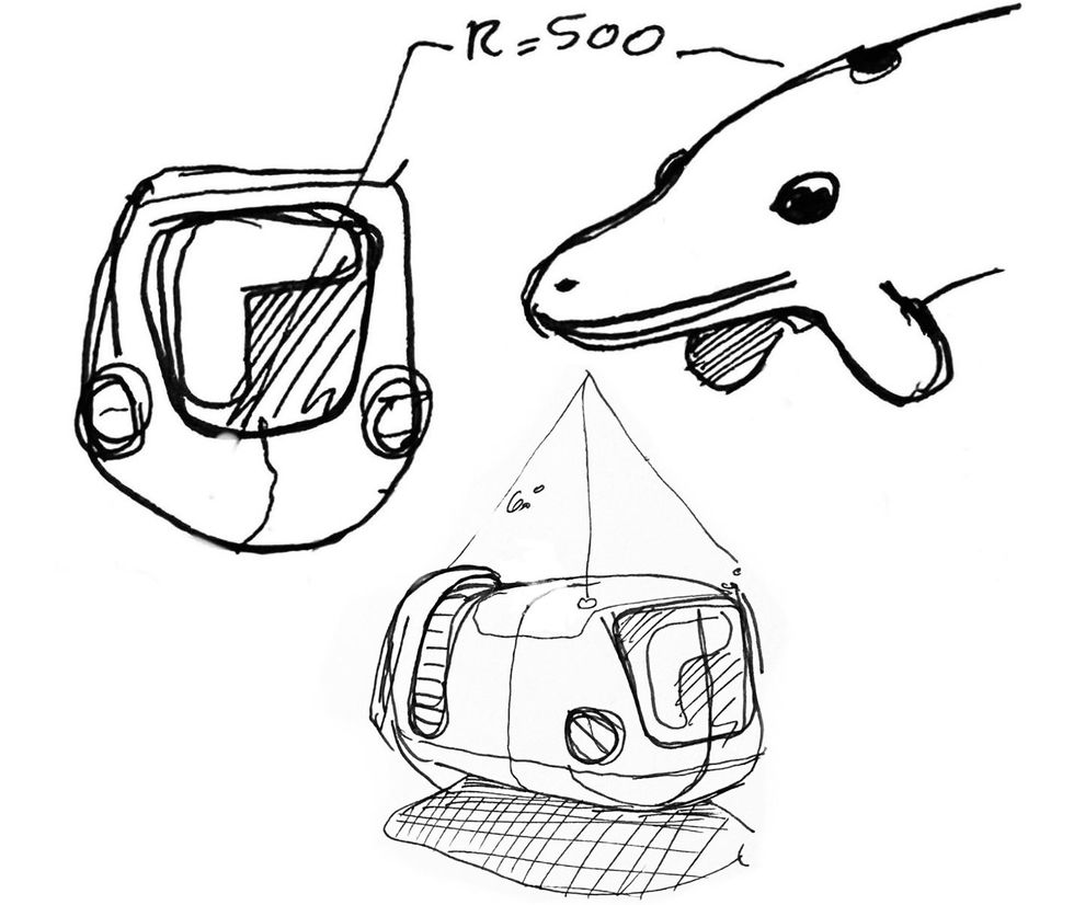 Three pen sketches show a dolphin, the front of the droid design, and a more pulled back sketch.