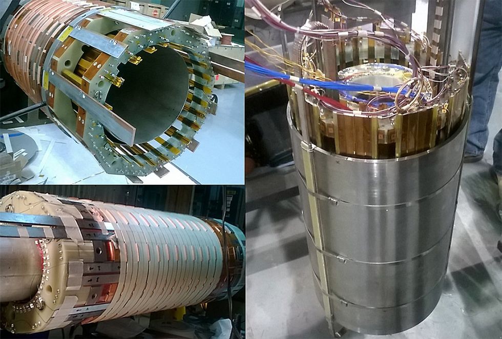 Three photographs showing a metal tube shaped device with many rotating sections of copper material, colored wires, and electronics.