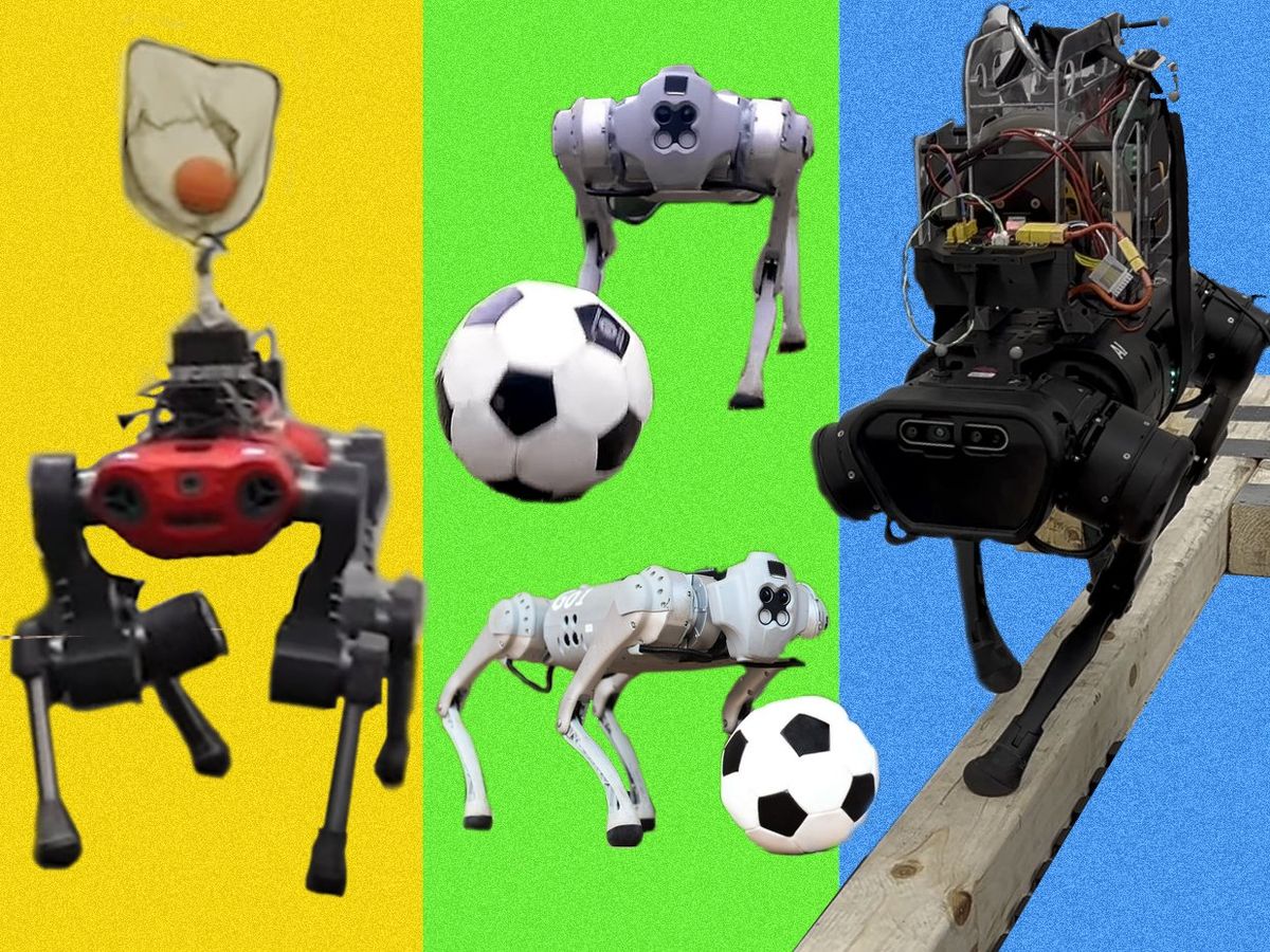 Three photos showing different quadrupedal robots catching a ball, kicking a soccer ball, and walking across a balance beam on a colorful background