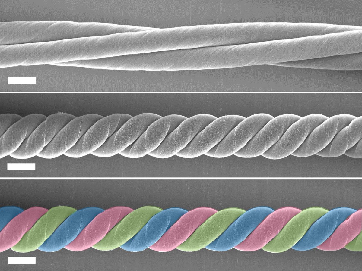 Three SEM images show from top, 3 twisted slightly plied yarns, a plied harvester and a twist configuration, colorized to highlight the sections.