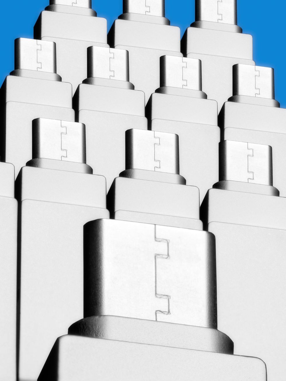 Thumbdrives photographed from below to look like a collection of skyscrapers. 