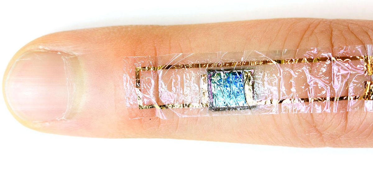 Tiny solar cell and flexible biosensor joined to create a heartbeat monitor that powers itself.