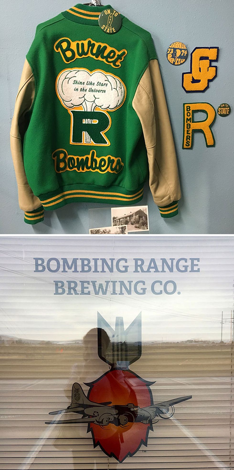 Top: A letterman jacket is on display at the gift shop adjoining the B Reactor visitor center in Richland, Wash. Bottom: Craft breweries around Richland, Wash., use nuclear iconography in a nod to the nearby Hanford Site.