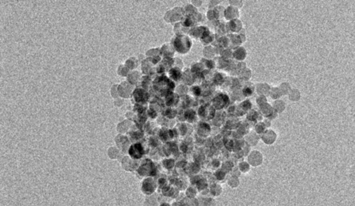 Transmission electron microscopy image showing spherical silicon nanoparticles about 10 nanometers in diameter.