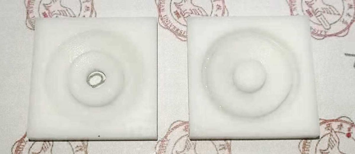 Two 3D-printed ultrasonic hologram lenses (lens for hole hologram, left; lens for conventional hologram, right).