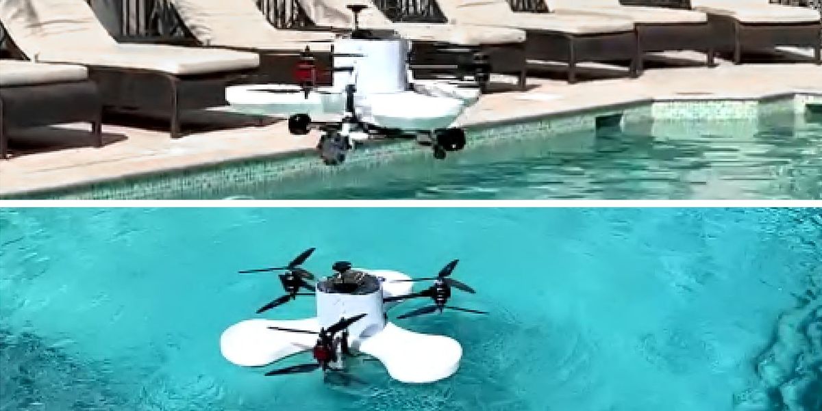 Two action shots of a white drone with black propellors approaching, then hovering just over a pool.