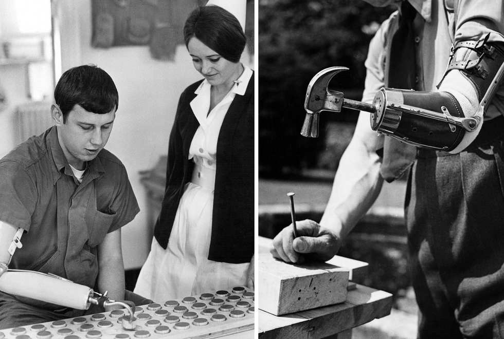 Two black and white photographs. On the left showing a nurse watching a man lift small items with a Hosmer Hook, a prosthetic arm with a curved split hook that can be opened and closed through movement of the shoulder. On the right a worker with a hammer attachment in place of a prosthetic hand hammers a nail into a piece of wood.