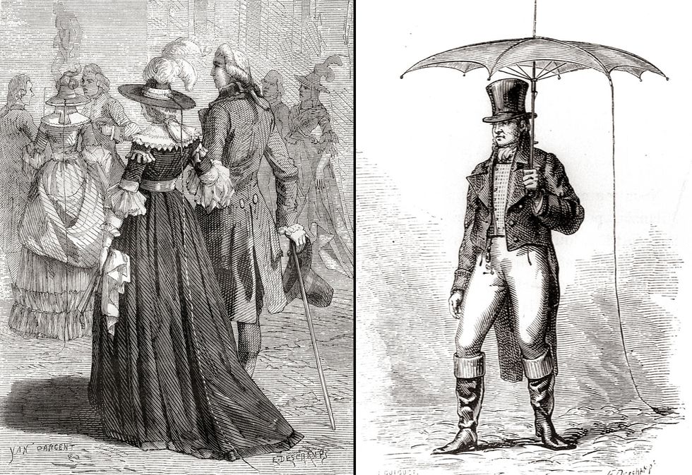 Two engravings show a well-dressed 18th-century woman wearing a wide-brimmed hat from which a long metal strand reaches to the ground and a well-dressed man carrying an umbrella with a similar metal strand.