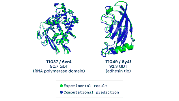 Two examples of protein targets in the free modelling category. In green is the experimental result, in blue is the computational prediction.
