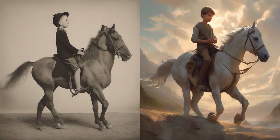 two images of a boy on a horse