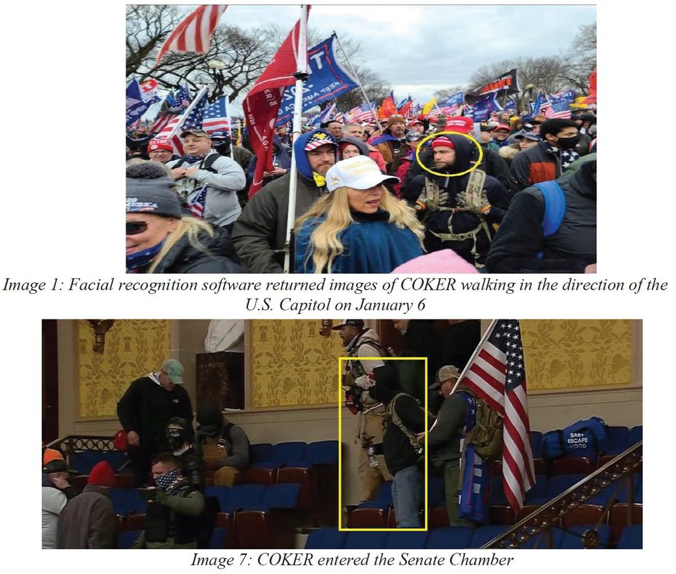 Two images showing someone identified via facial recognition in front of, and then in, the Capital Building.