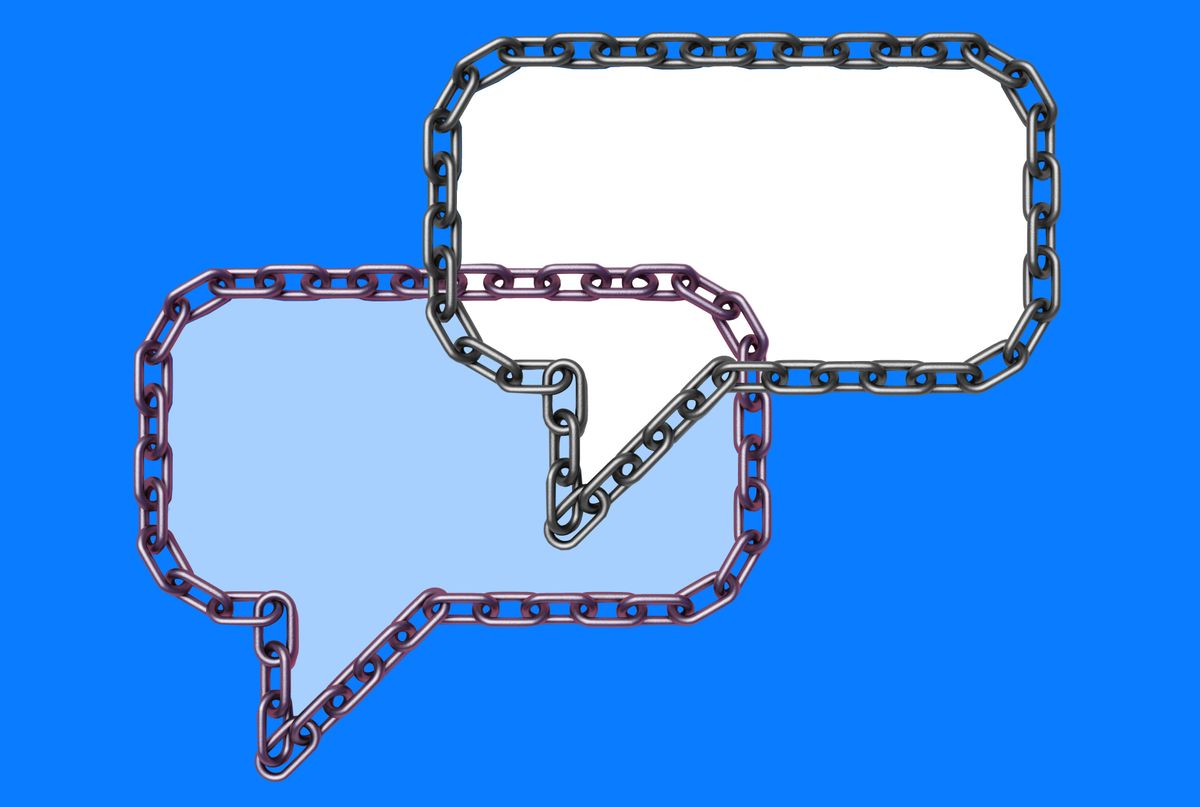 Two interlocking speech bubbles, each made of chains