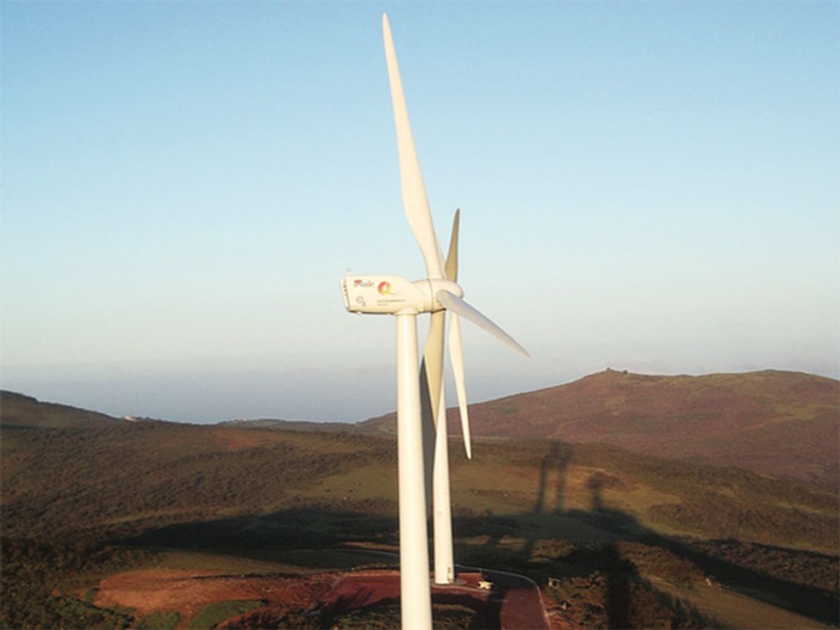 two large wind turbines in the San Cristobal island in the Galapagos