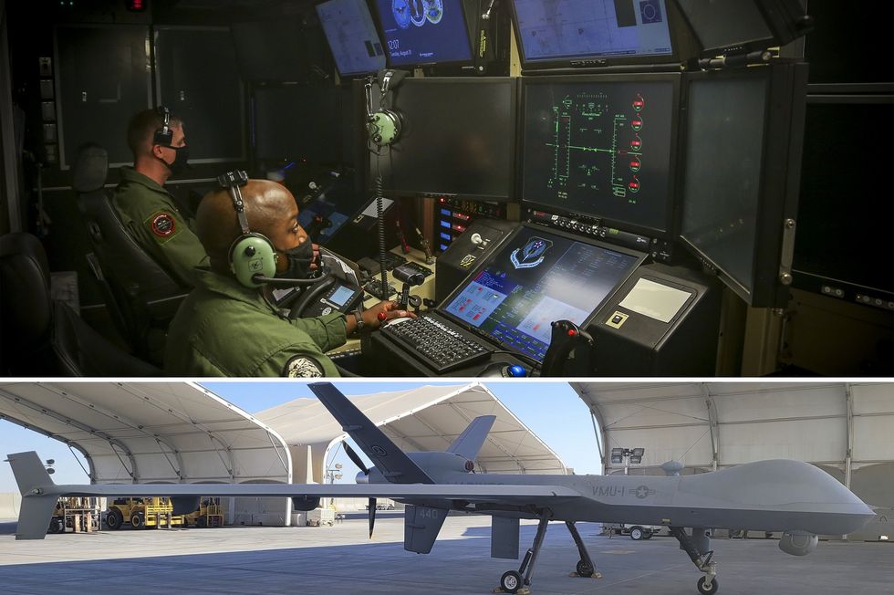 Two men look at a variety of screens in a dark room. Bottom: A large gray unmanned aircraft sits in a hangar. 