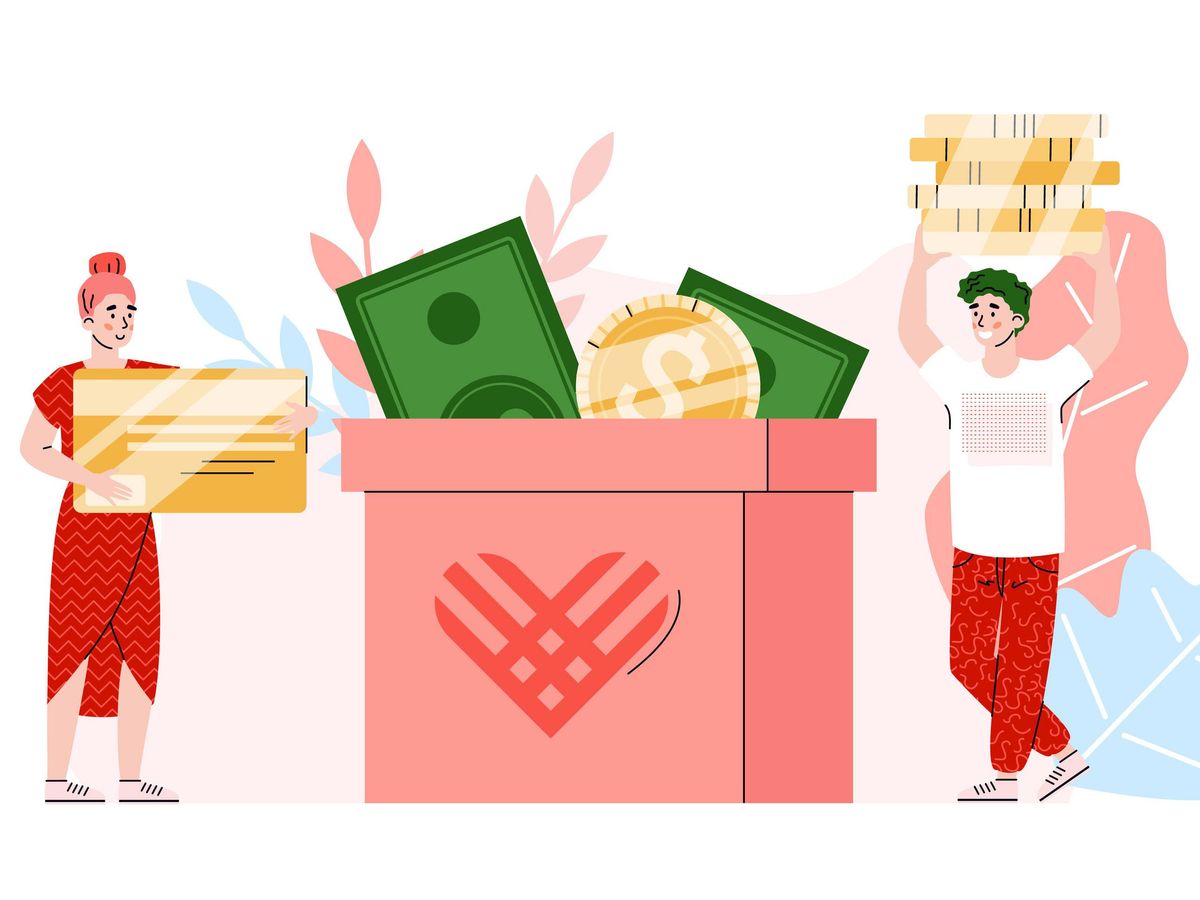 Two people holding coins and a gift card next to a pink box with a heart on the front and money inside.  