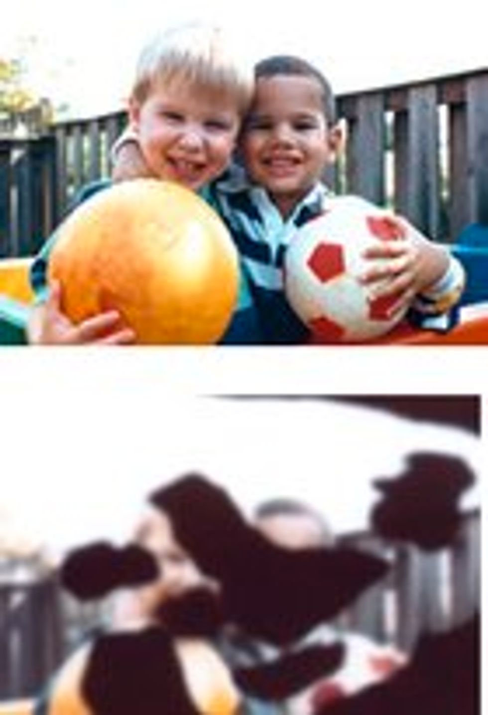 Two photographs showing boys holding soccer balls. The first photo is clear, the second is covered with black splotches.