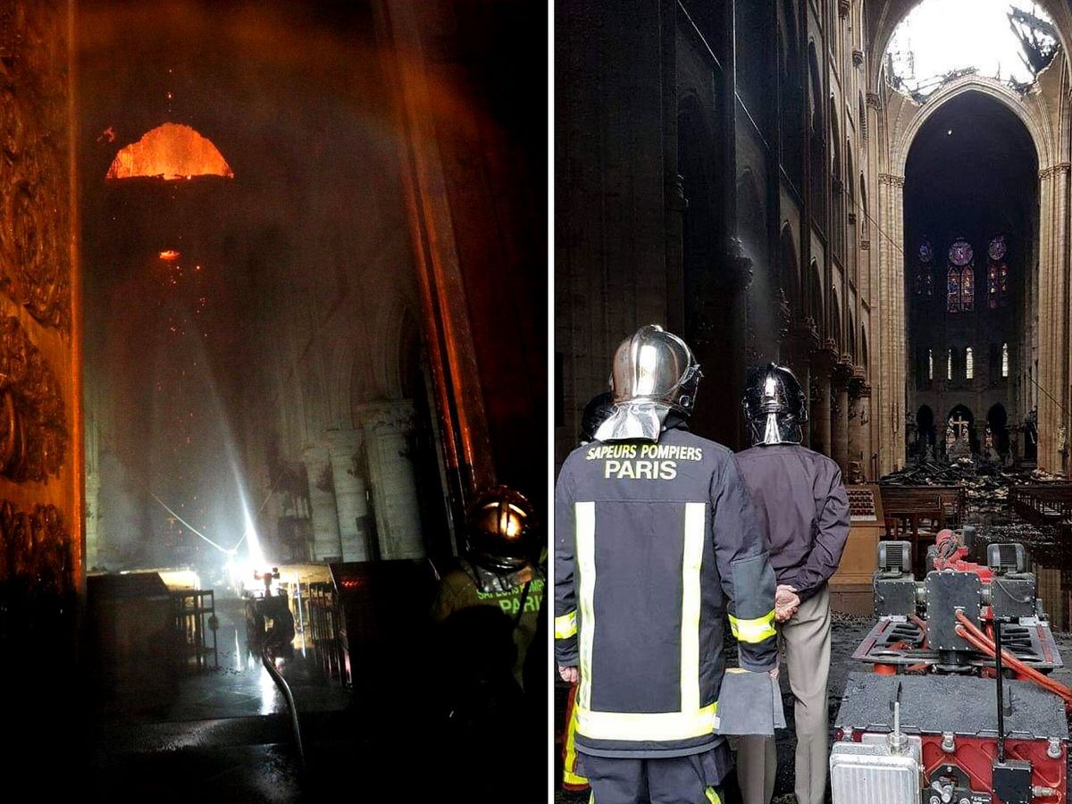 Two photographs showing the Colossus robot inside the Notre Dame cathedral. The left photos shows Colossus in action. The right photo shows Colossus with firefighters surveying damage.