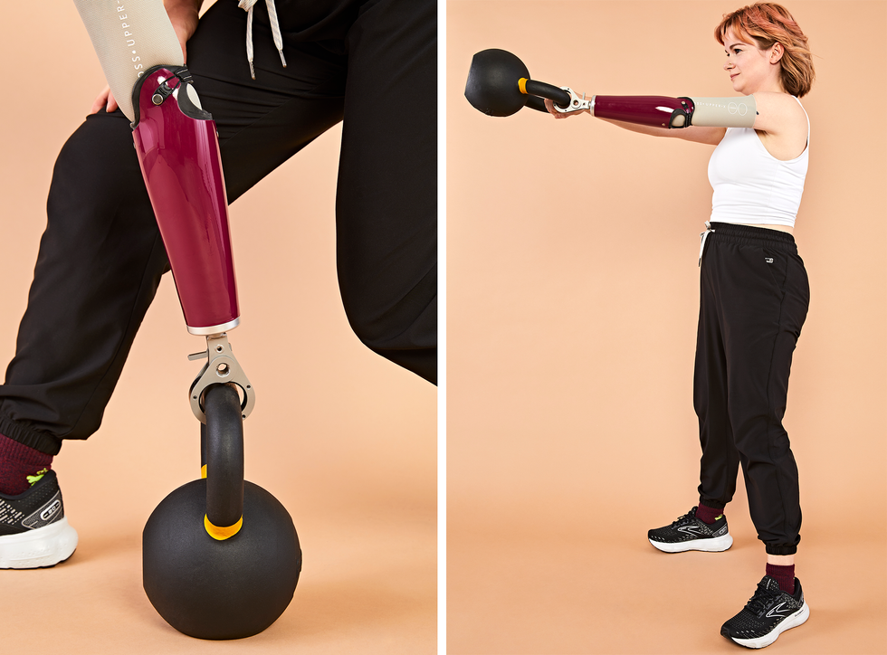 Two photographs side by side of the author first lifting a kettlebell off of the ground and then extending it in front of her. The kettlebell is gripped by a metal claw that looks designed for that purpose.