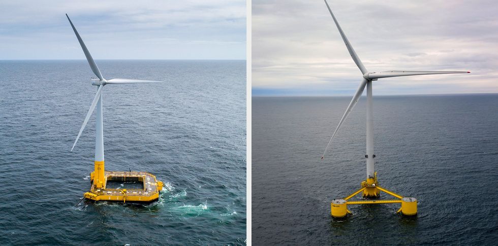Two photos of wind turbines in the ocean, one having a square base and the other having a triangular base.