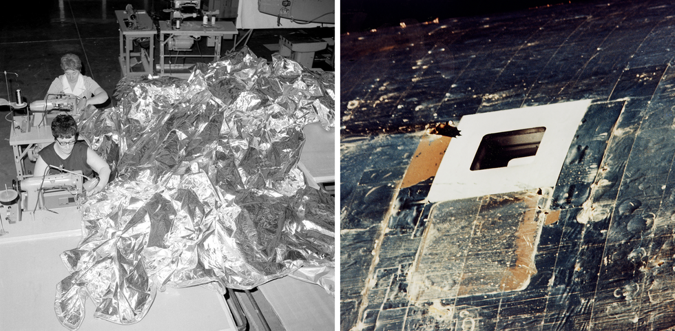 Two photographs, one of which shows women sewing a large silver item, and the other shows the exterior of the Skylab space station.