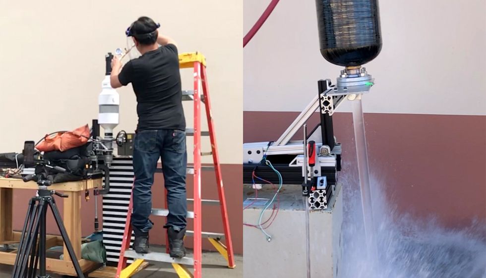 Two photos show someone on a ladder manipulating a small tank on the left, and on the right a black cylindar with a clear tube out of the bottom and splashing water coming up from the ground.