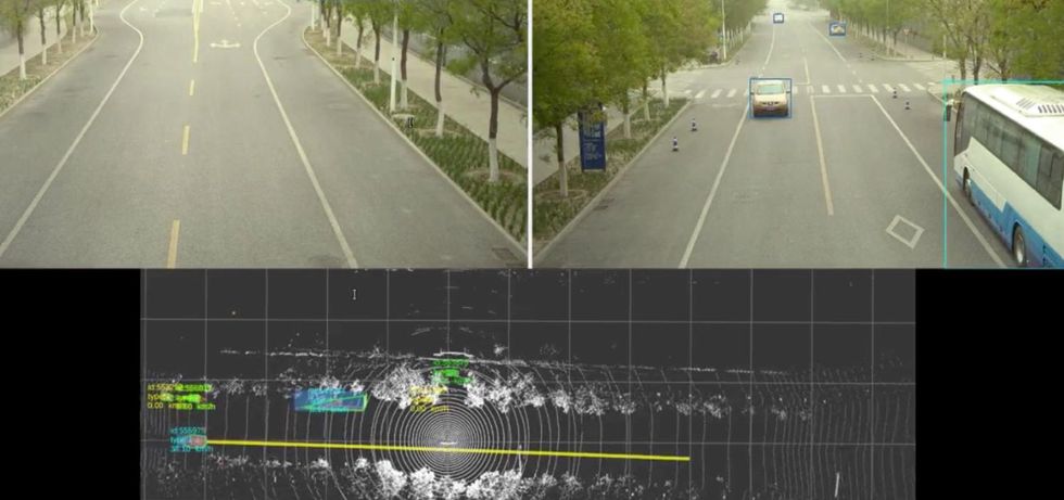 Two photos side by side show a tree-lined street partly obscured by yellow dust. In the right-hand photo  a static bus stands in the rightmost of four lanes lane and a moving sedan is two lanes to the left of it.  Below the photos is a computer-generated simulation of the scene which shows the trees, the road, the vehicles, and a yellow line projected rightward to indicate the likely trajectory of the sedan.