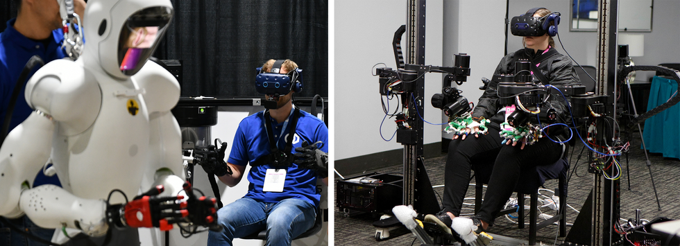 Two pictures showing immersive avatar interfaces that include VR headsets, foot controls, force-feedback gloves, and mechanical sensors for arm motions.