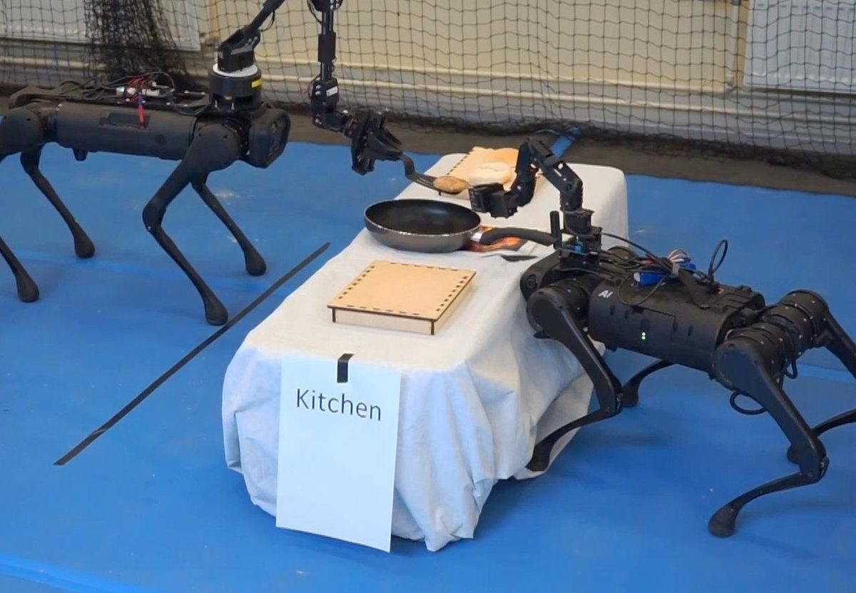 Two small black quadrupedal robots help each other to practice cooking a hamburger in a fake kitchen in a laboratory