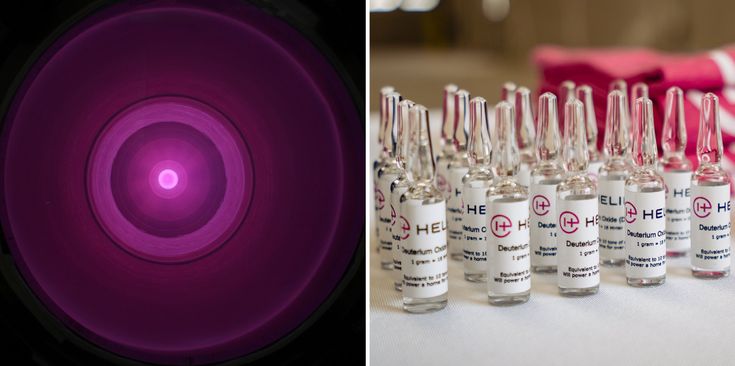 Two square images, the left of which shows concentric purple-pink rings, the brightest of which is in the center. On the right, rows of small glass vials labelled Helion Deuterium Oxide 1 gram sit on a table.