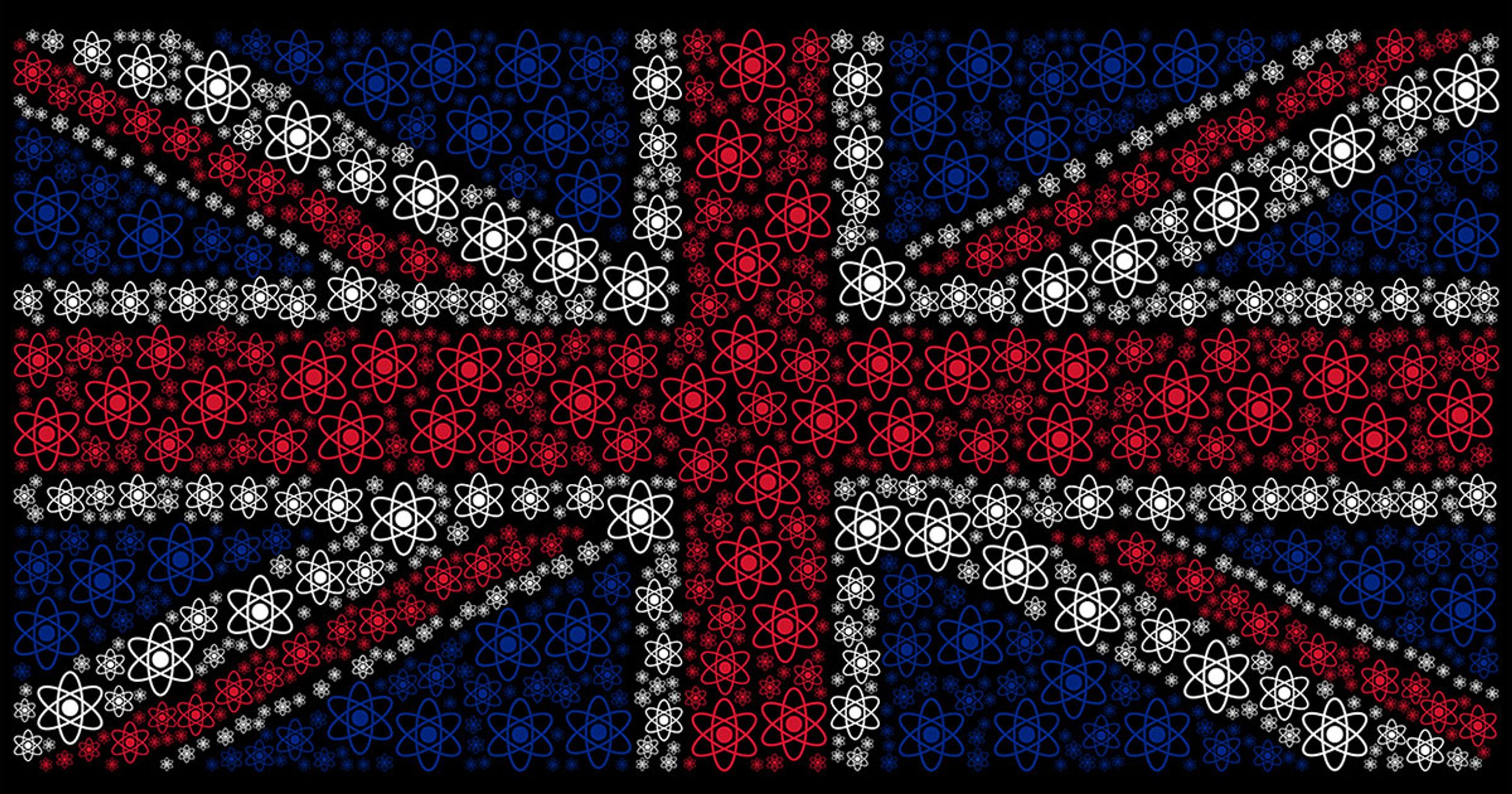 UK flag designed of atom pictograms on a dark background.