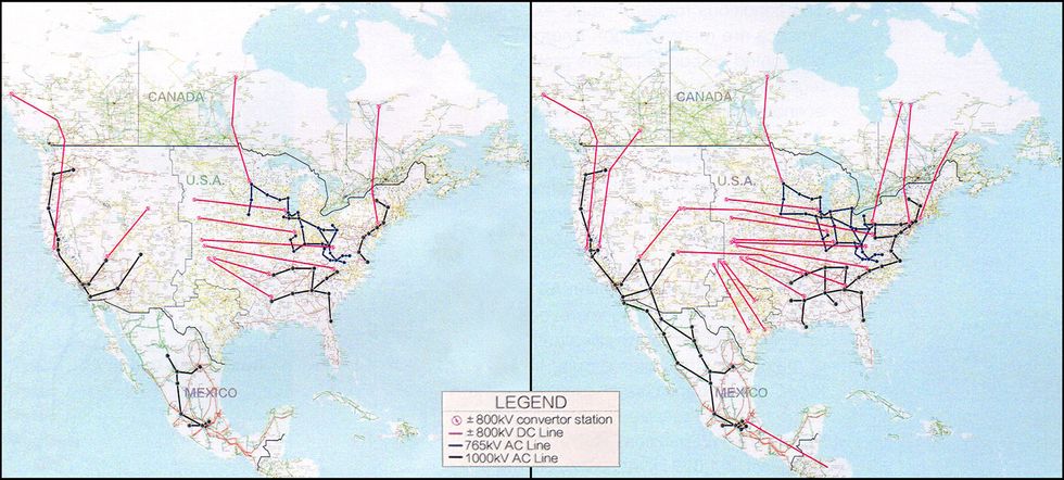 Ultrahigh-voltage grid expansions proposed by GEIDCO through 2035 (left) and 2050 (right)