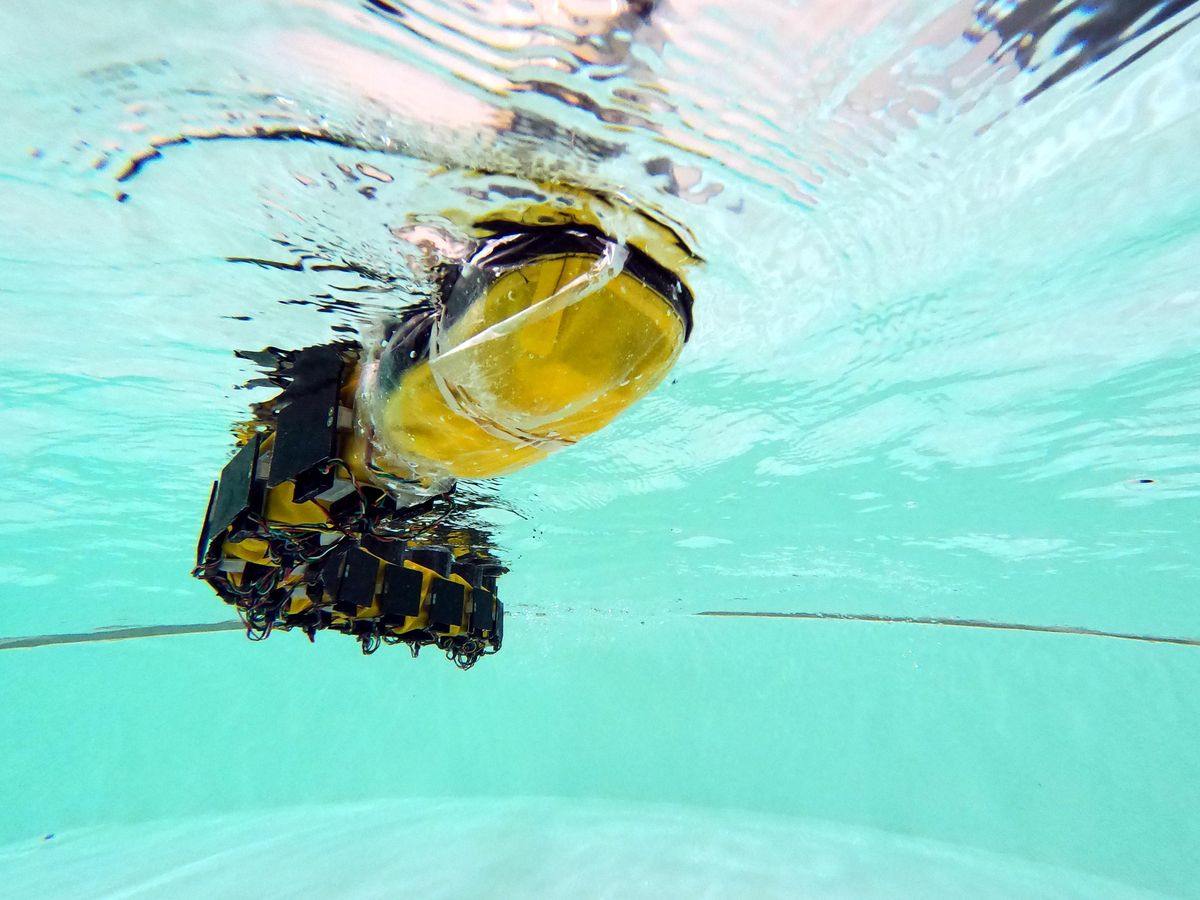 Underwater robot navigating through a pool.