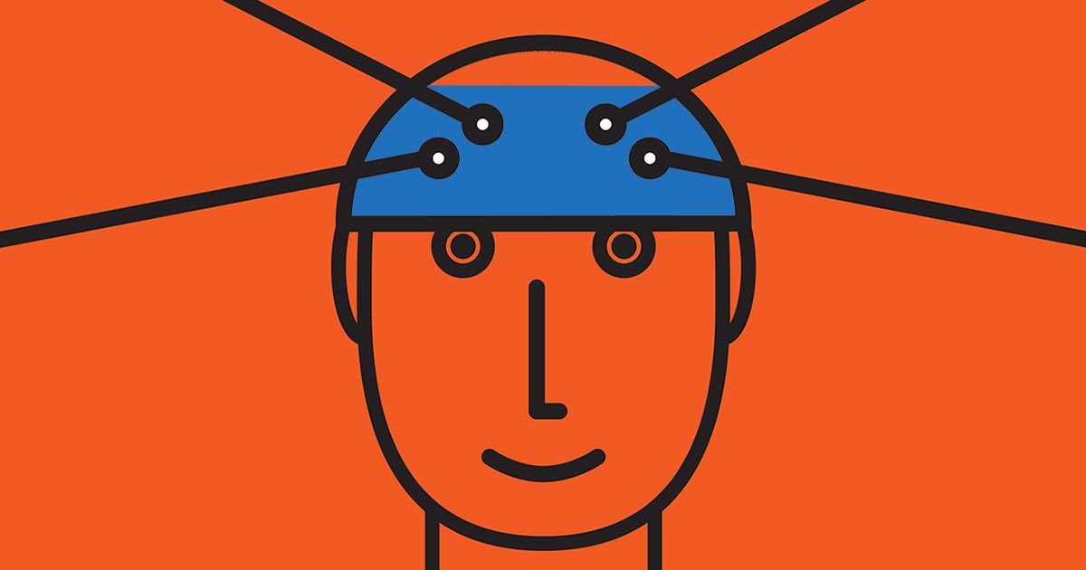 Vector illustration of a person with brain stimulation technology.