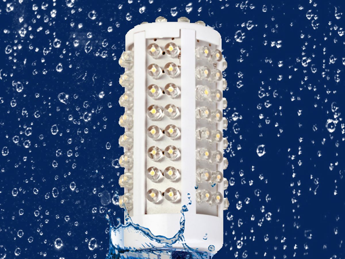Water droplets falling around a white, studded cylinder.