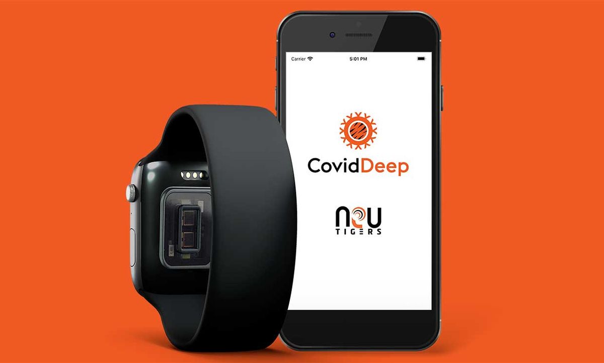 Wearable and NeuTigers' CovidDeep App on a phone