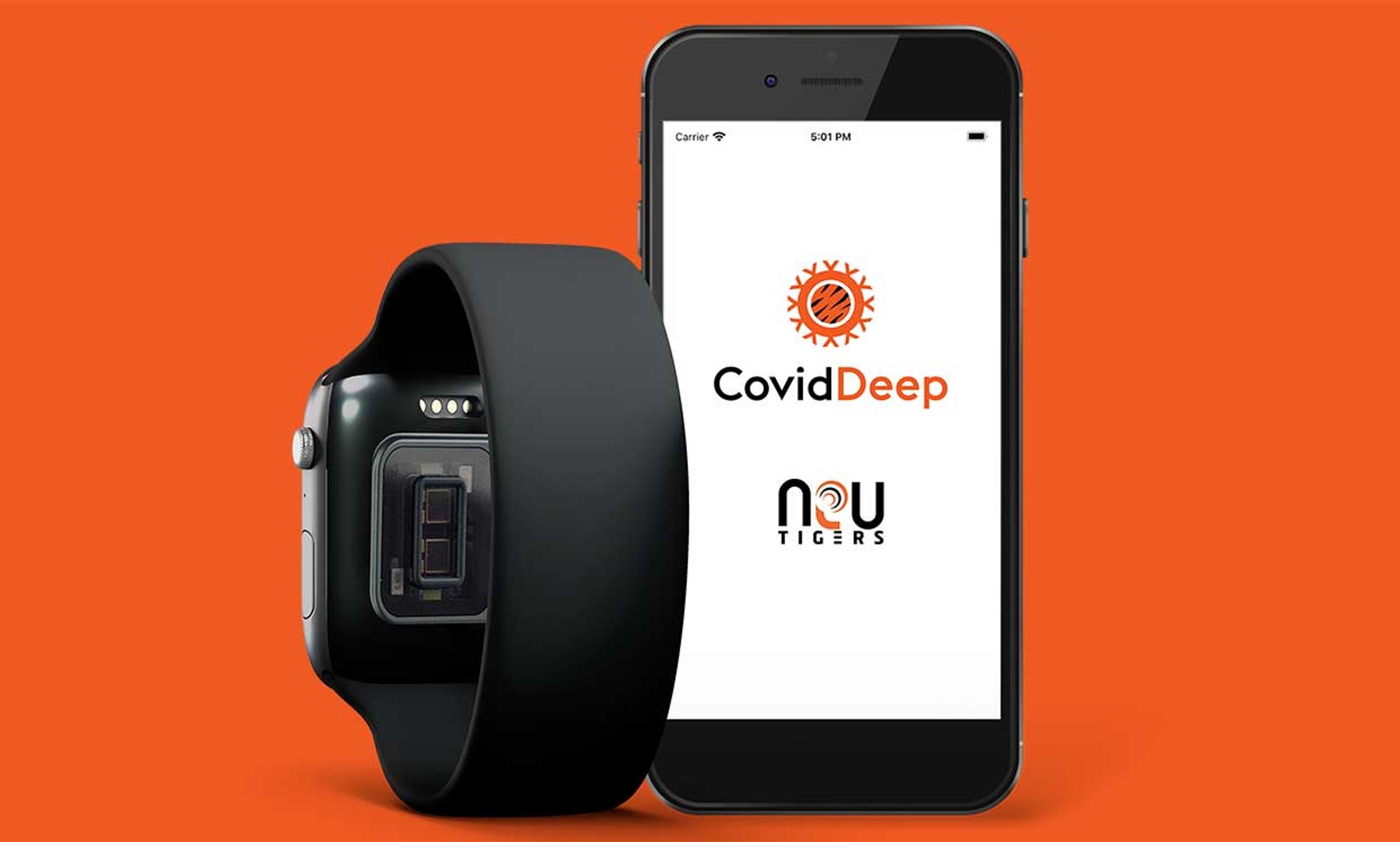 Wearable and NeuTigers' CovidDeep App on a phone