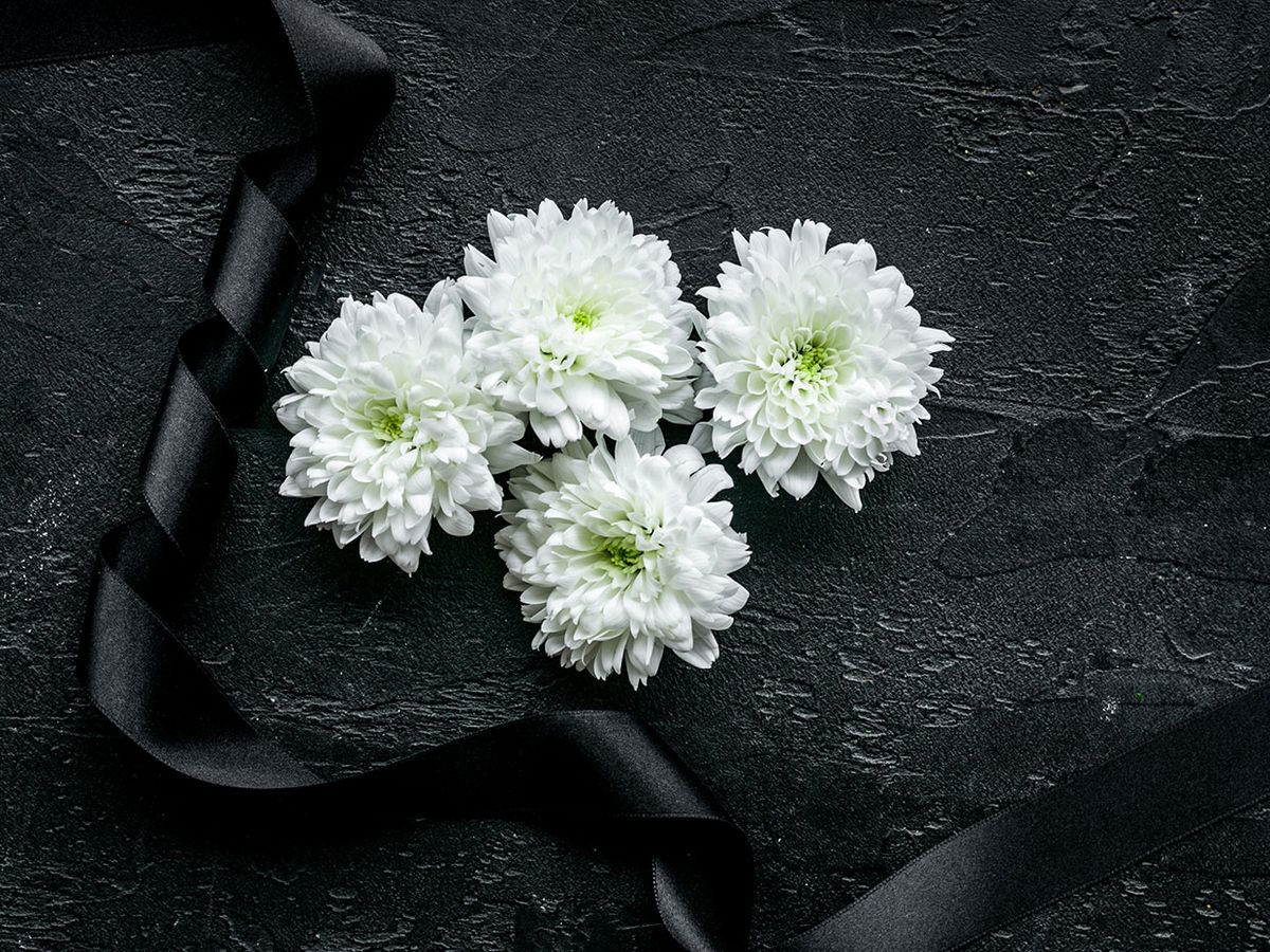 White flowers on a black background, with a black ribbon around them.
