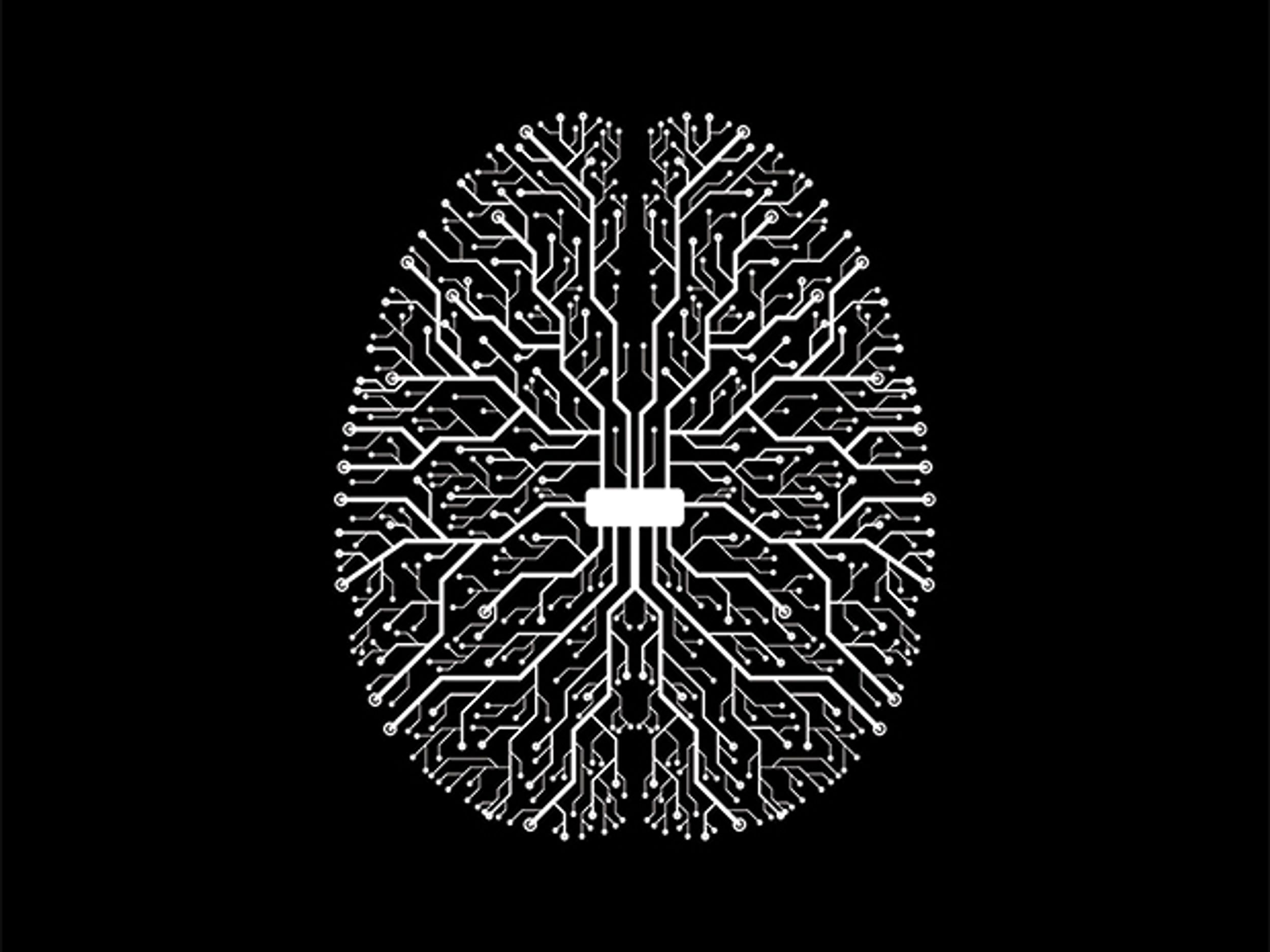 white lines connect to form the outline of a human brain on a black background