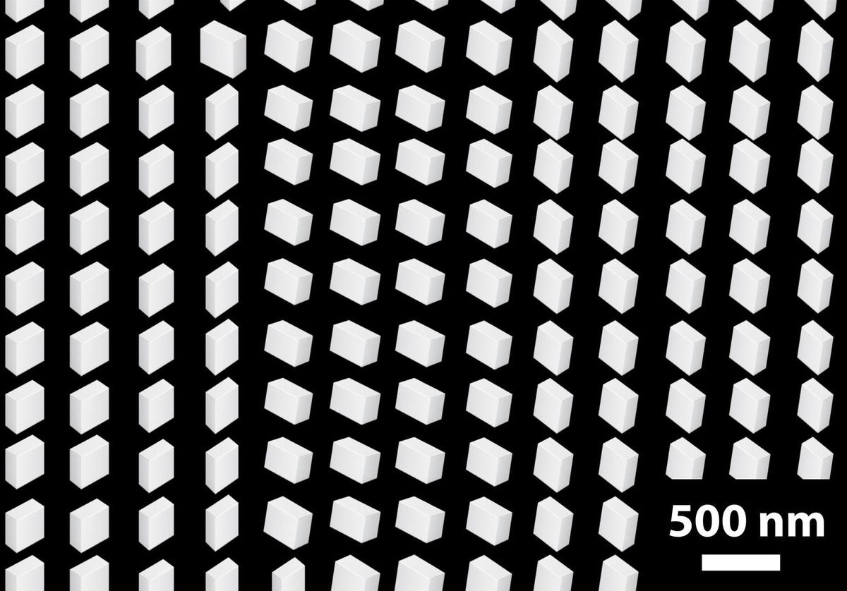 White rectangular boxes of different shapes and orientations are arranged in rows. In the lower right corner it says "500 nm".