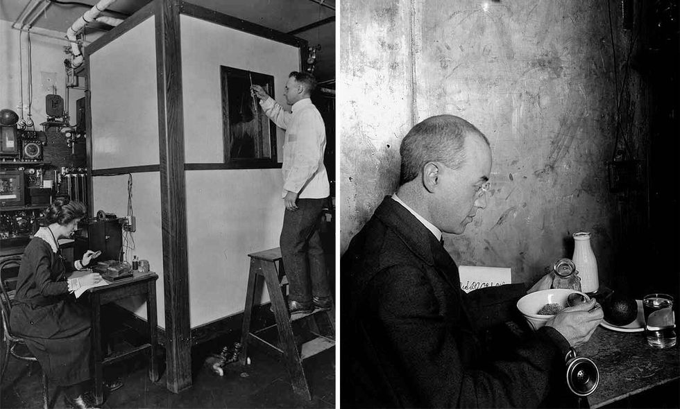 Wilbur Atwater\u2019s respiration calorimeter was a large copper-lined box (left) in which a human subject would reside for up to 12 days and complete various tasks, like exercising, resting, and eating lunch (right).