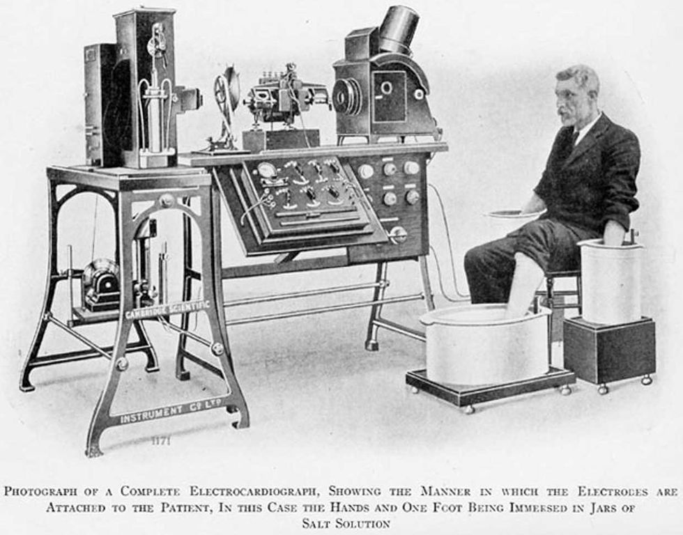Willem Einthoven\u2019s string galvanometer was sensitive enough to measure the tiny but regular voltage fluctuations in a single heartbeat.